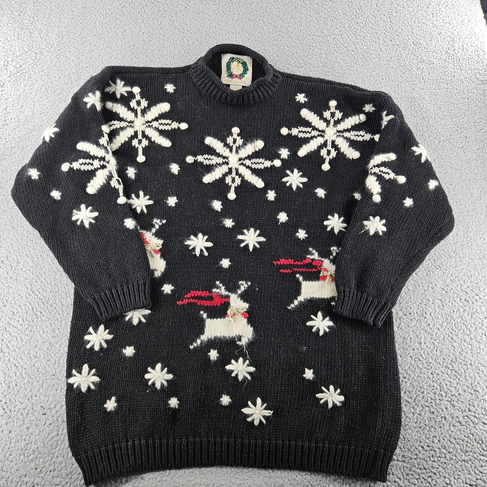 Vintage Ugly Christmas Sweater Large Black Knit Heavyweight Reindeer Holiday 94